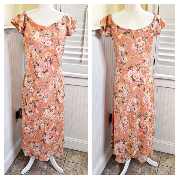 David Warren Dresses & Skirts - David Warren Peach/Orange Floral 90s Y2K Flutter Sleeve Midi Dress Women’s Sz 8